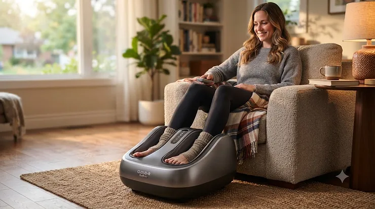 A person relaxing in a Canadian living room using a modern electric foot massager for at-home wellness.
