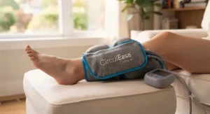 Person using a home leg massager for varicose veins following safety guidelines.
