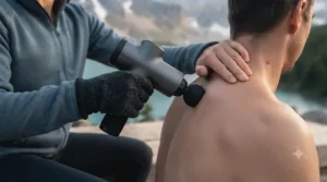 Step-by-step graphic demonstrating proper technique when using a travel massage gun on shoulders and back.
