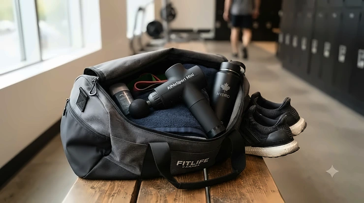 A compact, lightweight massage gun packed neatly inside a gym bag in a modern Vancouver fitness studio, ideal for Canadian fitness enthusiasts on the go.