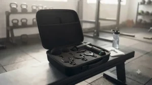 Professional massage gun kit with various interchangeable massage heads.