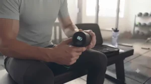 Wireless deep tissue massage gun showing digital battery display.