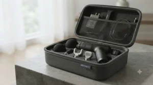 Compact carrying case for a portable high-impact massage gun.