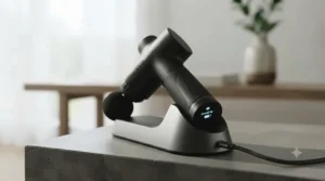 High-impact massage gun connected to a USB-C charging cable.