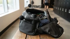Cross-section illustration of a lightweight massage gun sliding effortlessly into a packed gym bag alongside training gear.