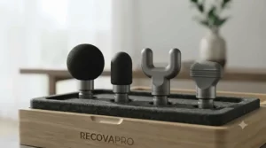 Set of four interchangeable heads for a high-impact massage gun.