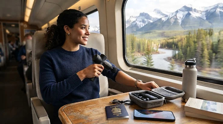Compact mini massage gun in a travel case for Canadian commuters. mini massage gun for travel
