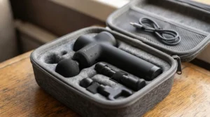 Mini massage gun fitting perfectly inside a carry-on luggage pocket.