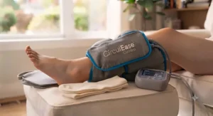 Compact, portable leg massager for varicose veins being used on a home sofa.