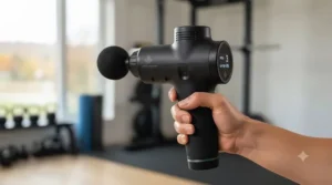 Close-up of a portable sports recovery gun showing ergonomic grip and LED display.