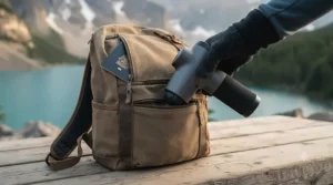 Illustration showing a lightweight travel massage gun fitting easily into a winter backpack for outdoor trips in Canada.