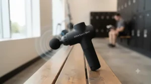 Graphic representation of a low-noise motor in a compact massage gun, suitable for quiet environments like shared fitness spaces.