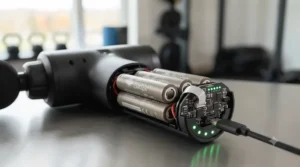 Clear visual of the battery life indicator and charging port on the massage device.