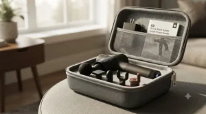 Compact and lightweight heated massage gun packed inside a travel case, ideal for Canadian frequent flyers and road trips.