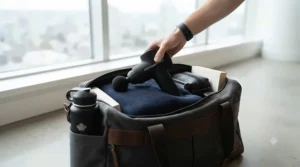 Lightweight massage gun resting on top of a packed weekend travel bag, highlighting its convenience for Canadian travelers and weekend road trips.