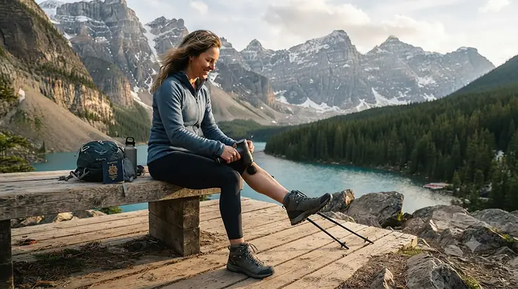 Compact travel massage gun on a wooden table next to a passport and hiking gear, designed for muscle recovery across Canada. / Pistolet de massage de voyage compact pour la récupération musculaire.