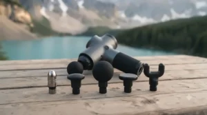 Diagram displaying four interchangeable heads included with the portable travel massage gun for targeted muscle relief.