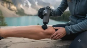 Hiker using a travel massage gun to relieve sore calves after exploring a Canadian mountain trail. / Randonneur utilisant un pistolet de massage de voyage en montagne.