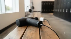 Illustration showing a USB-C cable charging a lightweight massage gun, emphasizing long-lasting battery life for active routines.