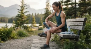 A runner in a Canadian park using a cordless cryotherapy percussion massager on their calf muscles.