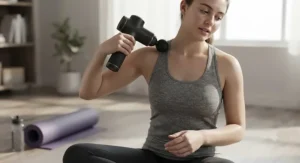 A beginner using a budget-friendly value massage gun for beginners to relieve shoulder tension after a workout.