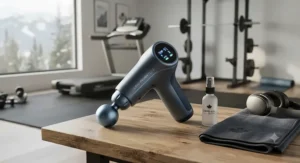 A sleek cryotherapy percussion massager resting on a wooden table inside a modern Canadian home gym.