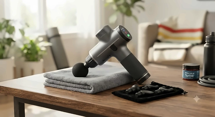 A top-rated massage gun under 100 CAD displayed on a wooden table, popular across Canada for post-workout muscle recovery. massage gun under $100 CAD