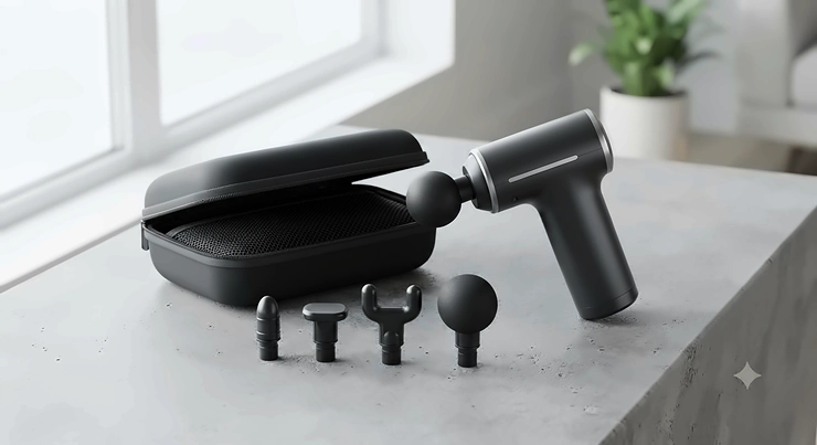 Compact handheld massage gun displayed next to its carrying case and attachments, ideal for finding a budget-friendly recovery tool in Canada under $50 CAD. massage gun under $50 CAD