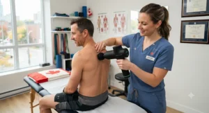 Technician selecting the quietest massage gun for physical therapists from a collection of professional recovery tools.