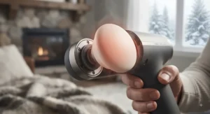 A close-up of the heated head attachment on a percussion massager designed for Canadian winter muscle stiffness.