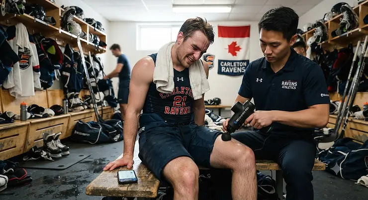 A professional-grade Bluetooth massage gun being used by a hockey player for post-game muscle recovery in a Canadian arena locker room.
