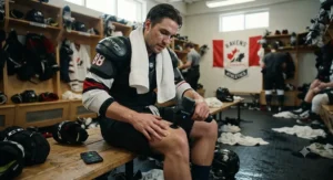 A hockey player resting on a bench using a Bluetooth massage gun to aid muscle recovery immediately after a game.