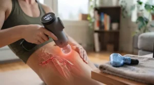 Stylized graphic representing therapeutic relief for chronic back and shoulder pain using temperature-controlled massage technology.