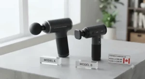 Two different models of affordable handheld massage guns placed side-by-side to compare size and design features for Canadian shoppers.