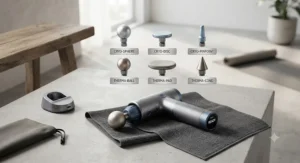 A cryotherapy percussion massager displayed with its interchangeable cold and heat therapy heads.