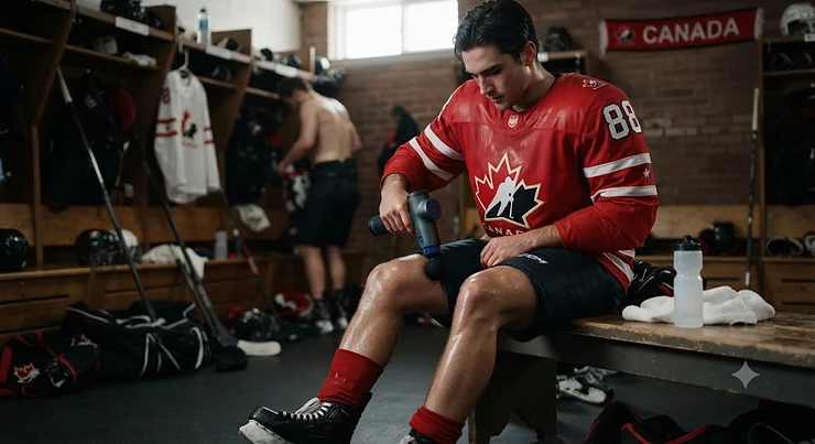 A Canadian athlete using a cryotherapy percussion massager on their leg for post-workout recovery after a hockey game. cryotherapy percussion massager