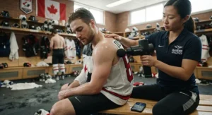 Using a Bluetooth massage gun to relieve tight muscles in a hockey player's shoulder area after a competitive match.