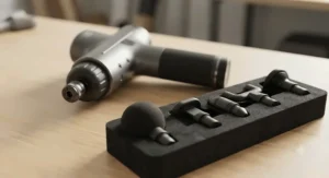 Close-up view of a high-power deep tissue massage gun under 100 CAD showing interchangeable attachment heads.