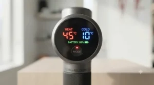 LED digital battery and speed indicator screen on a modern heat and cold massage gun.