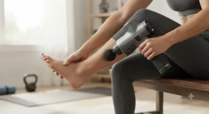 Person holding an ergonomic massage gun under 100 CAD with a non-slip grip, targeting hard-to-reach calf muscles.