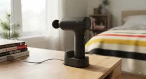 Person using an ergonomic low-noise massage gun to relieve tight shoulder muscles at home.