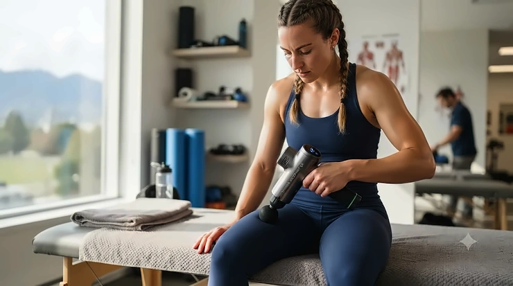 Ergonomic heat and cold massage gun featured for post-workout muscle recovery and pain relief for Canadian athletes.