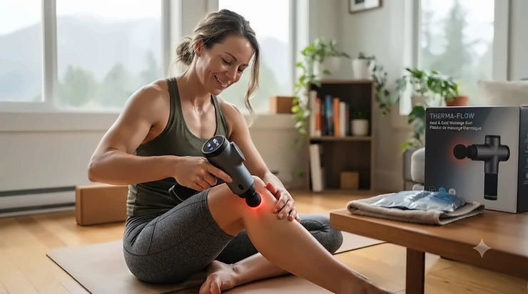 A Canadian wellness user holding a dual heat and cold therapy massage gun after a workout, highlighting recovery benefits. heat and cold therapy massage gun benefits