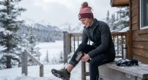 An athlete using a warming percussion massager after outdoor winter training in Canada.
