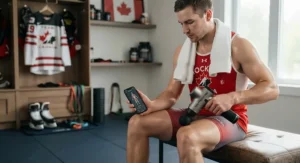 A dedicated athlete performing a recovery routine with a Bluetooth massage gun after a long practice on the ice.