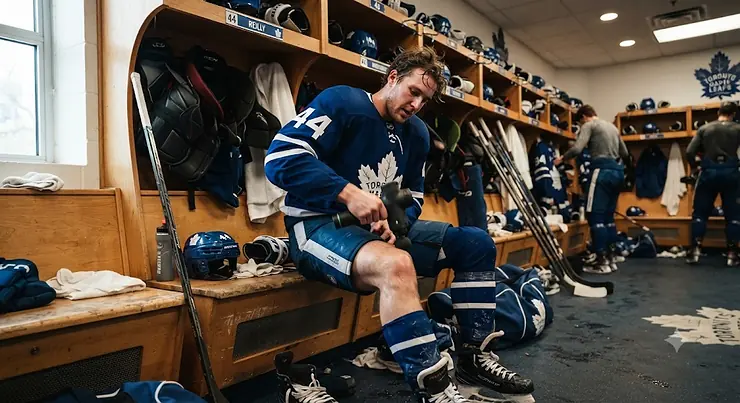 A Canadian hockey player using a massage gun for post-game muscle recovery in the locker room