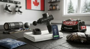 An array of recovery equipment including a modern Bluetooth massage gun laid out in a Canadian home gym setting.