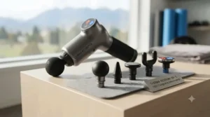 Interchangeable heads included with a heat and cold massage gun for targeted deep tissue therapy across Canada.