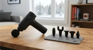 Various attachments laid out next to a versatile low-noise massage gun for targeted Canadian wellness therapies.