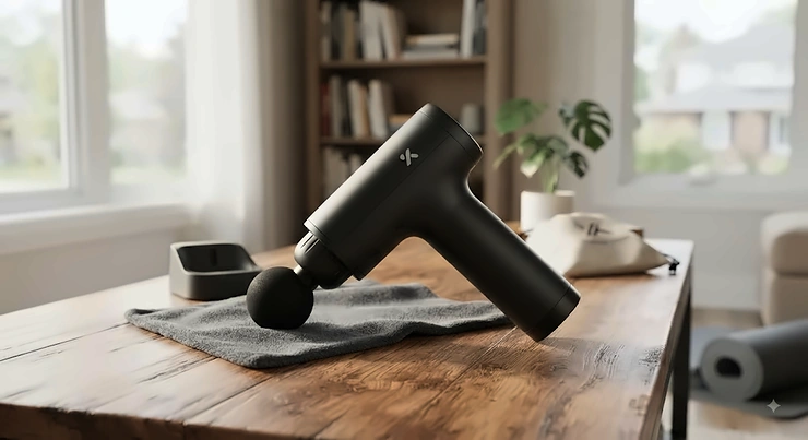 Sleek low-noise massage gun resting on a wooden surface, popular for quiet recovery routines across Canada.